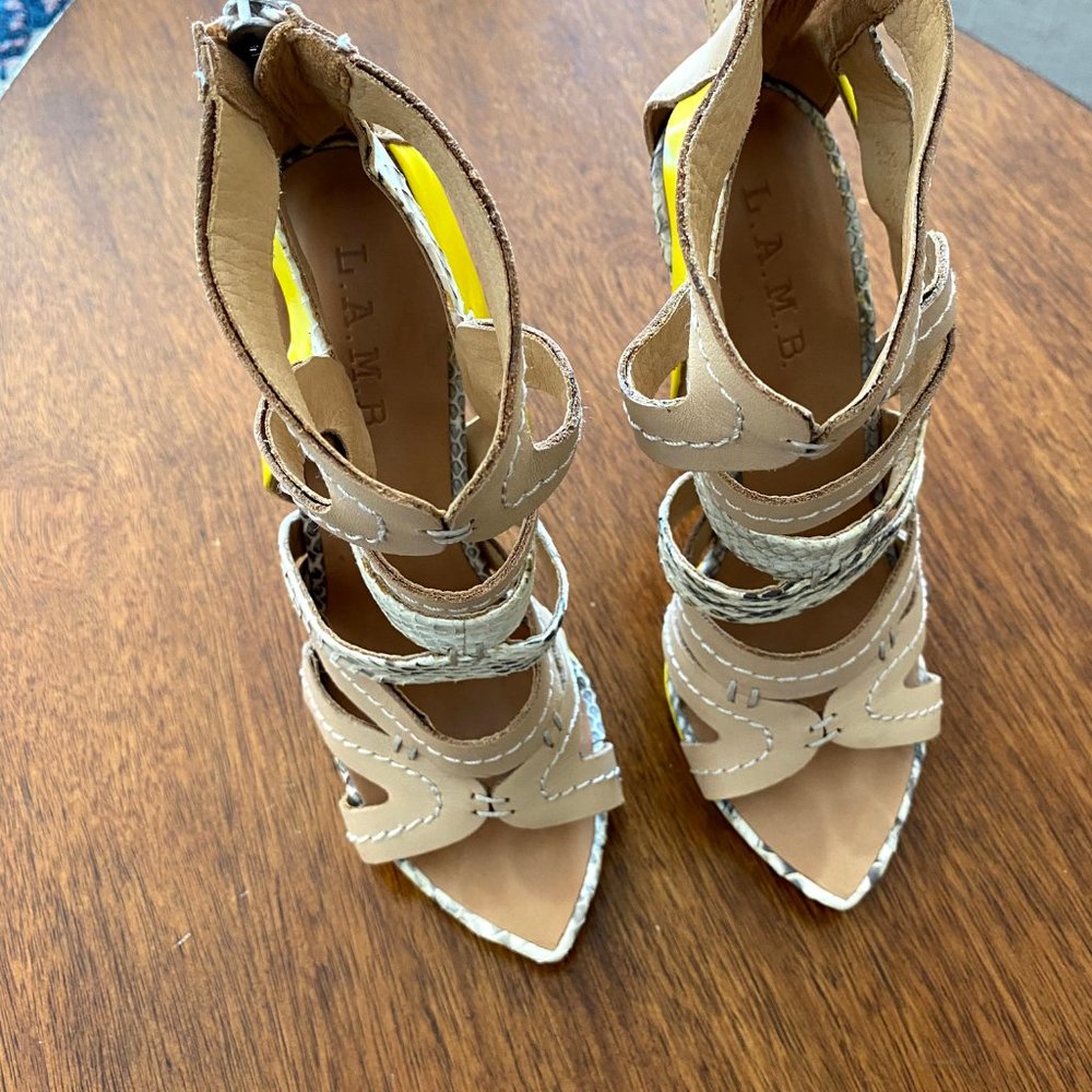 L.A.M.B. Yellow and Snakeskin Super High Heels - Picture 3 of 4